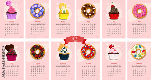 Calendar for 2021 with sweet cupcakes and donuts. Twelve months of the year with flat vector illustrations for January, February, March, April, may, June, July,August, September, October, November
