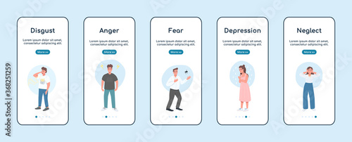 Negative emotions onboarding mobile app screen flat vector template
