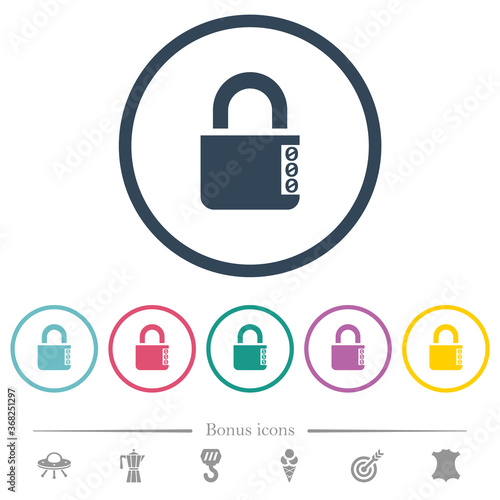 Locked combination lock with side numbers flat color icons in round outlines