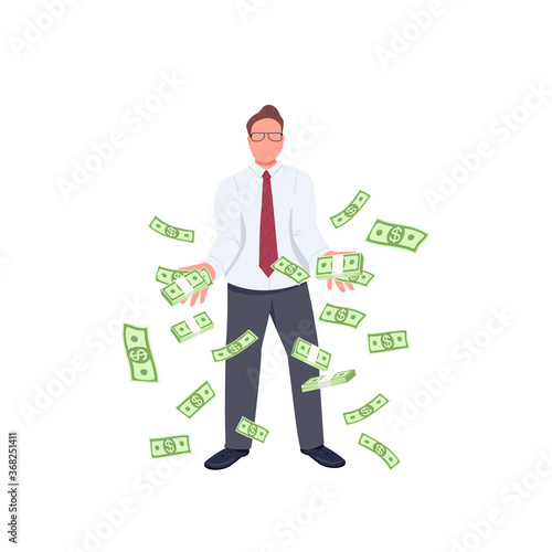 Office worker throwing money up flat color vector faceless character