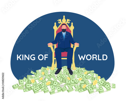 Successful businessman sitting on throne 2D vector web banner, poster