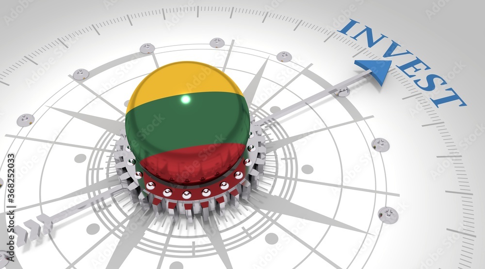 Business concept. Abstract compass points to the invest word. Flag of the Lithuania. 3D rendering Business concept. Abstract compass points to the invest word. Flag of the Lithuania. 3D rendering