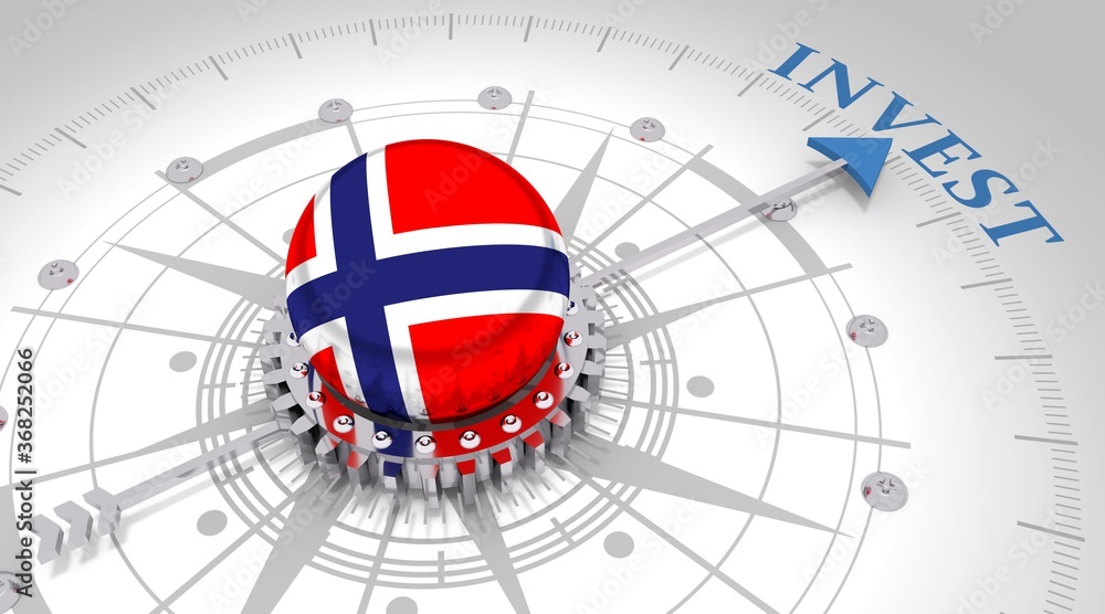 Business concept. Abstract compass points to the invest word. Flag of the Norway. 3D rendering Business concept. Abstract compass points to the invest word. Flag of the Norway. 3D rendering