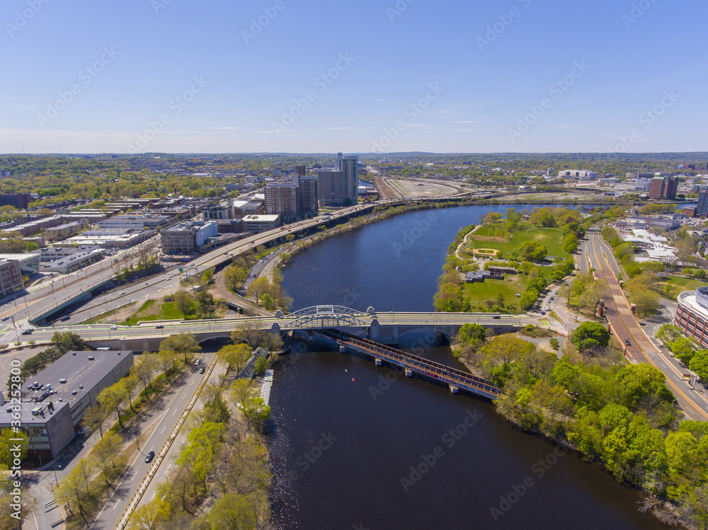 Aerial view of Boston on the left and Cambridge on the right connected by Boston University Bridge from Charles River, Boston, Massachusetts MA, USA. 