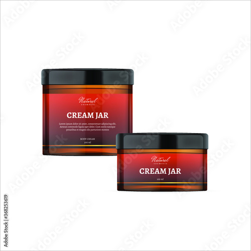 Realistic brown cosmetic bottles with label on white background. Cosmetic containers and jars for cream, shampoo, gel, balsam, conditioner, soap, ointment, toothpaste, lotion etc. Vector Illustration