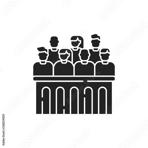 Jury trial glyph black icon. Courthouse concept. decision on a disputed issue in a civil or criminal case or an inquest.Sign for web page, mobile app, button. Vector isolated button.
