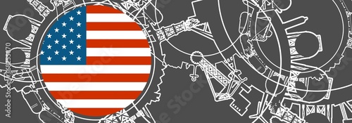 Concept of industrial design. Energy and power icons set. Energy generation, transportation and heavy industry. Brochure, report or cover design template. Thin lines style. Flag of USA