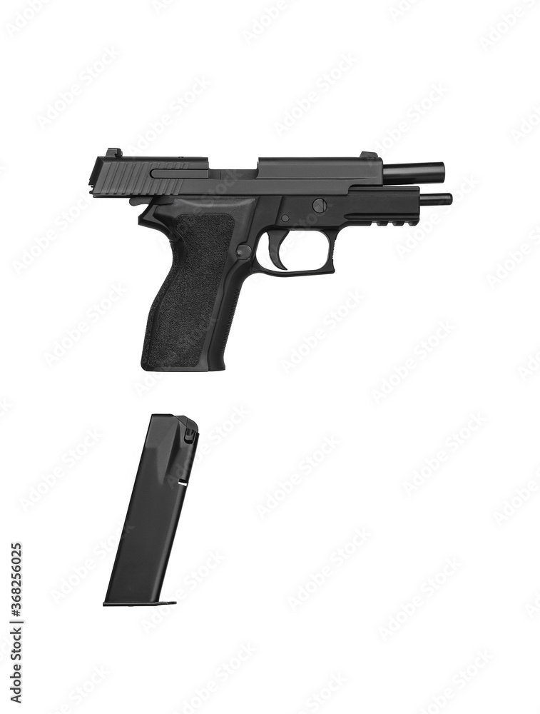 Modern semi-automatic pistol isolate on a white background. Armament for the army and police. Short-barreled weapon Modern semi-automatic pistol isolate on a white background. Armament for the army and police. Short-barreled weapon