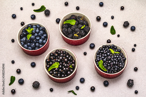 Assorted berries in blue and black colors: bilberry, blueberry, currant and blackberry