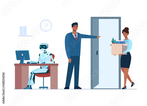 Artificial intelligence has replaced human, she lost her job due to robotics. The robot is in the workplace, and black woman is fired. Flat vector .isolated. Ai, technologies of the future.