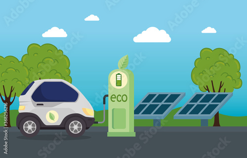 Fototapeta Naklejka Na Ścianę i Meble -  electric vehicle car in charging station with solar panels vector illustration design