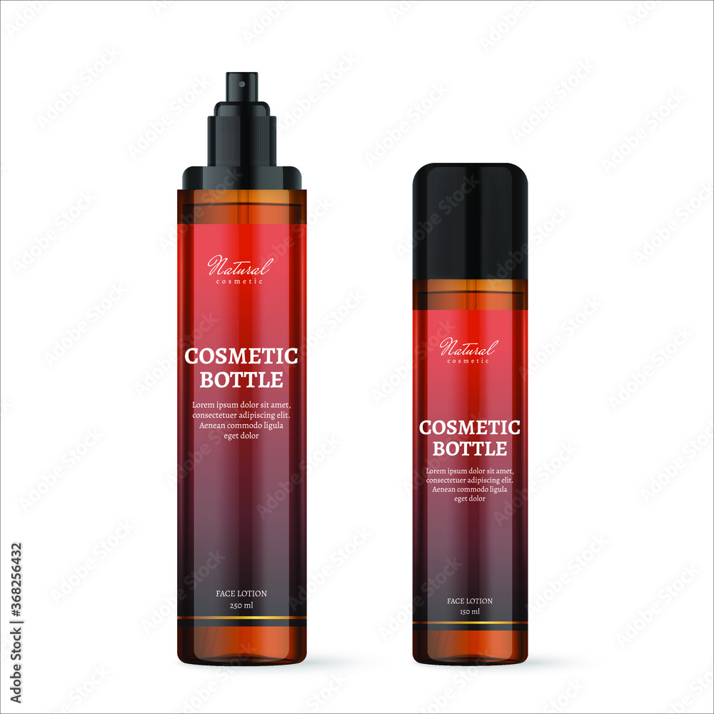 Realistic brown cosmetic bottles with label on white background. Cosmetic containers and tubes with different caps for hair spray. Vector Illustration Realistic brown cosmetic bottles with label on white background. Cosmetic containers and tubes with different caps for hair spray. Vector Illustration