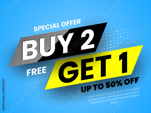 Special offer buy 2, free get 1 sale banner. Vector illustration.