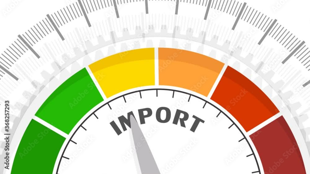 Import level scale with arrow. The measuring device. Sign tachometer, speedometer, indicators. Infographic gauge element. Import level scale with arrow. The measuring device. Sign tachometer, speedometer, indicators. Infographic gauge element.