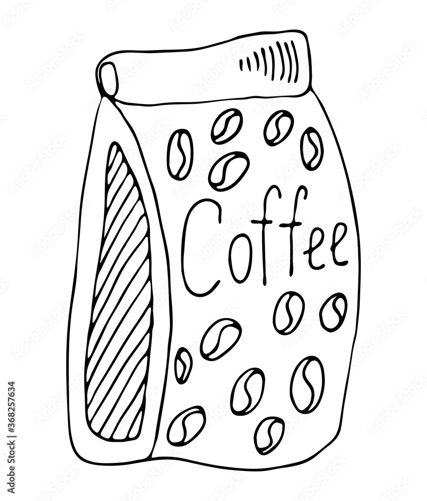 Paper bag full of coffee beans black outline art. Vector illustration of  craft coffee packaging. Trendy doodles ink style, good as icon, logo for  coffee shop. Stock Vector | Adobe Stock
