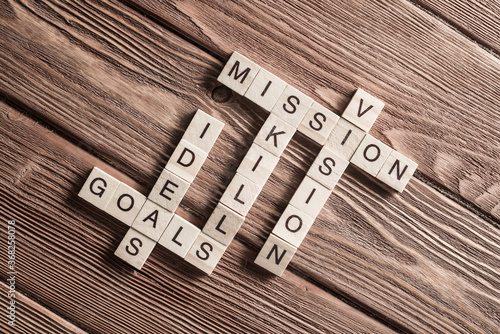 Conceptual business keywords on table with elements of game making crossword