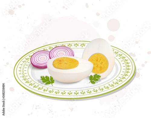 boiled egg vector illustration with onion pieces
