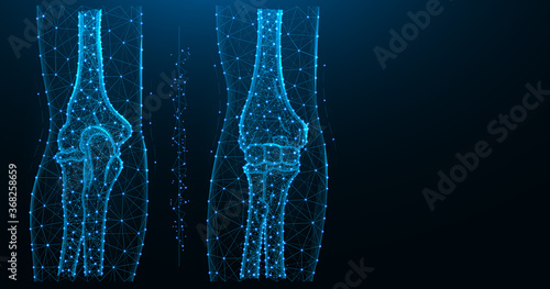 Blue polygonal illustration of the elbow joint, posterior and anterior view.