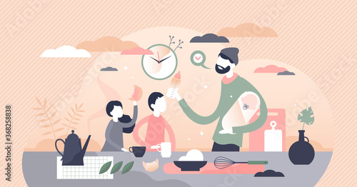 Fatherhood parenting scene with husband caring children tiny person concept