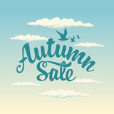 Autumn sale banner with the inscription on background of blue sky with clouds and migratory birds. Vector decorative illustration. Suitable for flyer, banner, poster, price tag, label