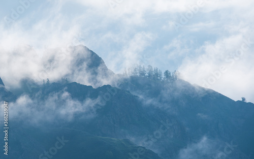 Mountain peaks in the clouds. Fog and blue haze.