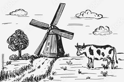 Countryside sketch with windmill. Vector illustration