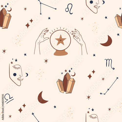 Mystical Seamless pattern with stars and astrological elements. Magical, witchcraft symbols. Neutral Beige Background.
