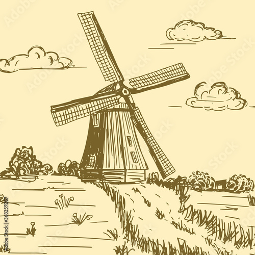 Handdrawn doodle illustration of a countryside with windmill