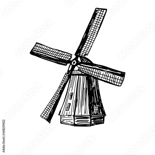 Wind mill, windmill hand drawn sketch vector engraved illustration. Old building emblem, logo, banner, badge for poster, web, mobile, icon, packaging