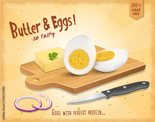 boiled white egg vector illustration with wooden chopping board
