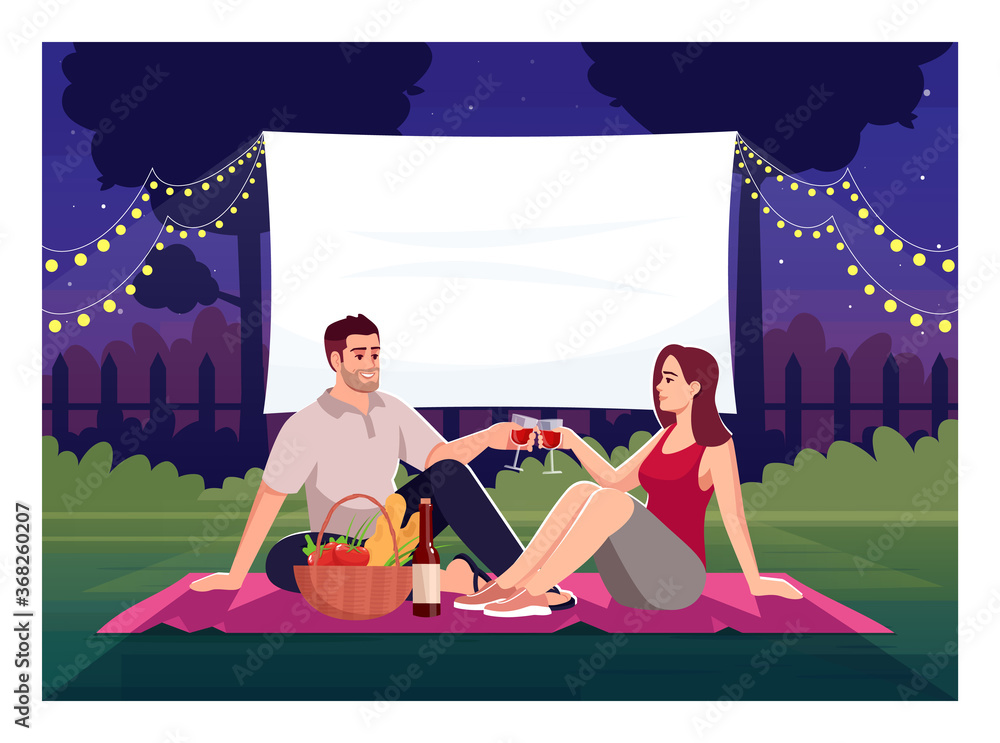 Movie date semi flat vector illustration. Romantic weekend for lovers.  Picnic with wine and film watching. Large display for backyard cinema.  Couple 2D cartoon characters for commercial use Stock Vector | Adobe