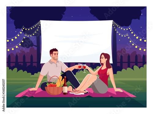 Movie date semi flat vector illustration. Romantic weekend for lovers. Picnic with wine and film watching. Large display for backyard cinema. Couple 2D cartoon characters for commercial use