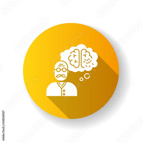 Dementia yellow flat design long shadow glyph icon. Alzheimer from aging. Senior man with neurological disability. Loss of memory. Patient with health care problem. Silhouette RGB color illustration