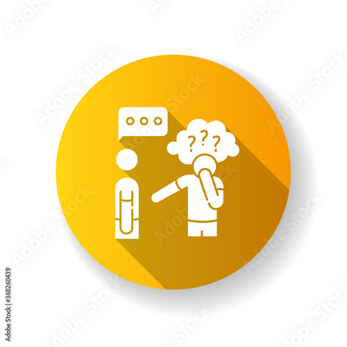 Asperger syndrome yellow flat design long shadow glyph icon. Difficulty with communication. Social anxiety. Man with disorder. Speech impairment. Interaction problem. Silhouette RGB color illustration