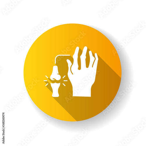 Rheumatoid arthritis yellow flat design long shadow glyph icon. Pathological disease. Damaged bones in hand. Impact of chronic disorder for human arm. Silhouette RGB color illustration
