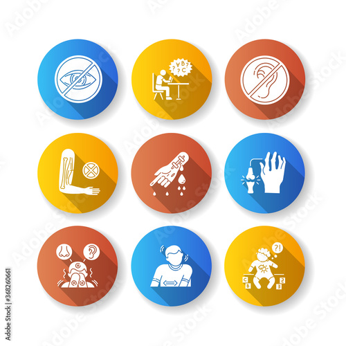 Illness types flat design long shadow glyph icons set. Deafness and blindness. Student with dyslexia. Muscular dystrophy. Bleeding from hemophilia. Silhouette RGB color illustration