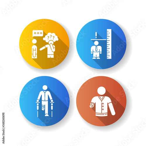 Medical condition flat design long shadow glyph icons set. Asperger syndrome. Adult with dwarfism. Leg amputee. Arm injury. Health care problem. Social anxiety. Silhouette RGB color illustration