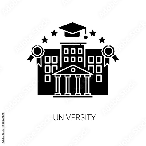 University black glyph icon. Higher education, student lifestyle silhouette symbol on white space. Academic institution. Prestigious state college campus with mortar board vector isolated illustration
