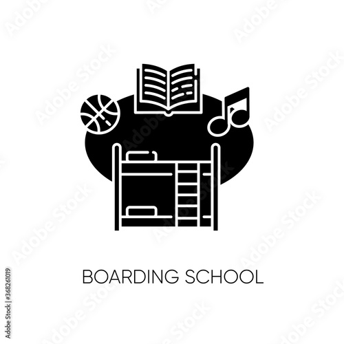 Boarding school black glyph icon. Educational institution with extracurricular activities and accommodation for students. College dorm silhouette symbol on white space. Vector isolated illustration
