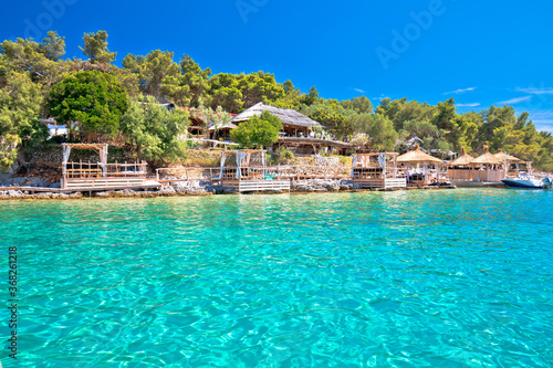Palmizana turquoise beach and bars by the sea on Pakleni Otoci islands,