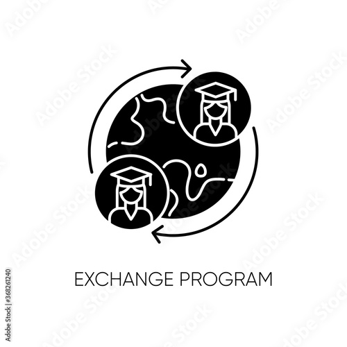 Exchange program black glyph icon. International students swap. Opportunity for studying in foreign university. Education abroad silhouette symbol on white space. Vector isolated illustration