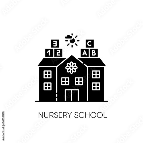 Nursery school black glyph icon. Pre primary, elementary education establishment for little children. Play school, day care, kindergarten silhouette symbol on white space. Vector isolated illustration