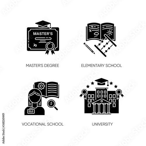 Primary and higher education black glyph icons set on white space. Masters degree, elementary school, university and vocational school silhouette symbols. Vector isolated illustrations