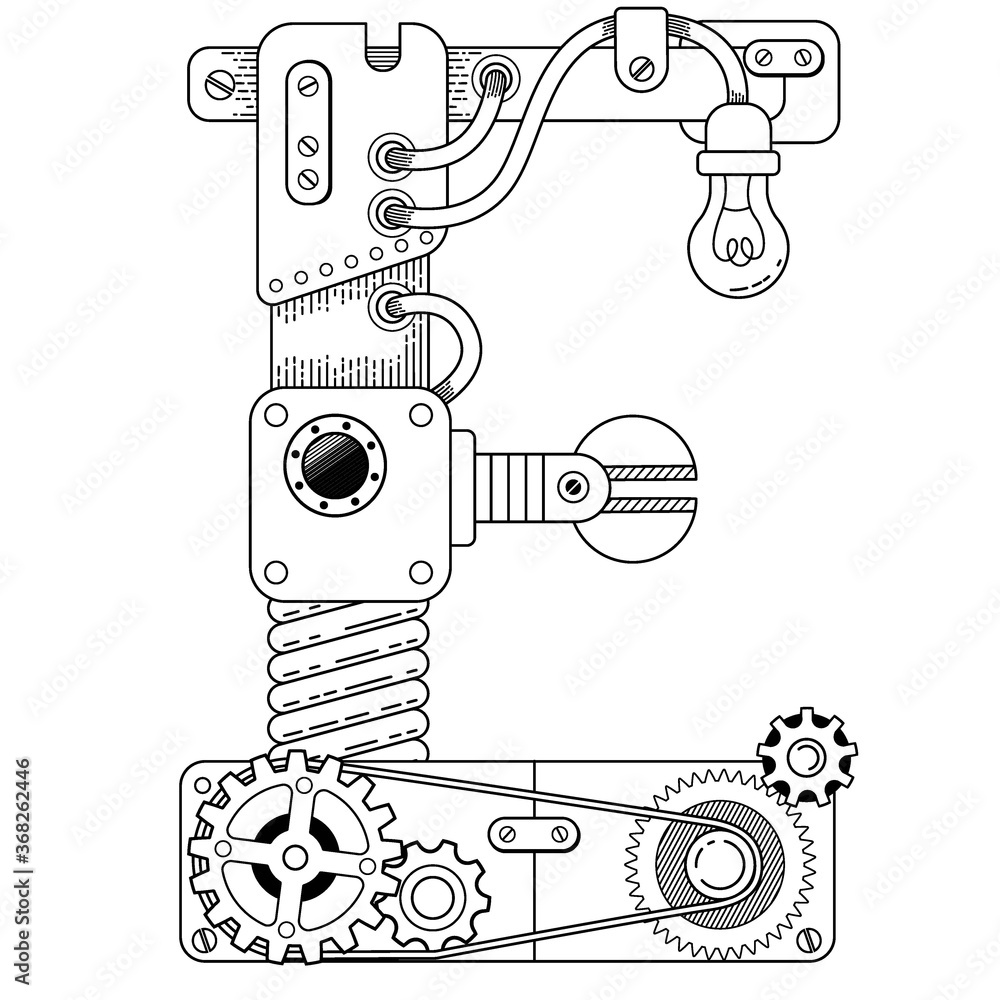 Obraz premium Vector coloring book for adults. Steampunk capital font. Mechanical alphabet made of metal gears and various details on white background. Capital letter E