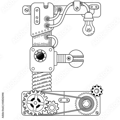 Vector coloring book for adults. Steampunk capital font. Mechanical alphabet made of metal gears and various details on white background. Capital letter E