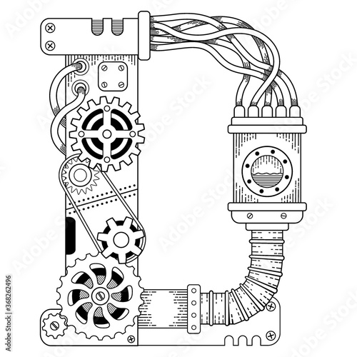 Vector coloring book for adults. Steampunk capital font. Mechanical alphabet made of metal gears and various details on white background. Capital letter D