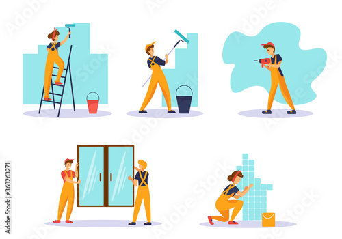 Home repair set with workers on white. Painting wall, drilling, laying tiles, installing windows