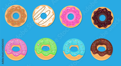 Set of twelve donuts with white, pink and chocolate glaze and sprinkles isolated on a white background. Vector illustration.