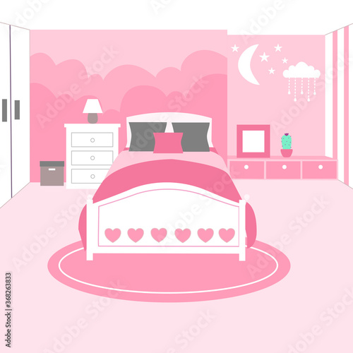 Cozy room for girls in pink color vector illustration. The pink interior of the bedroom in flat design.