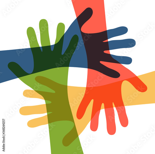 four people stretch out their hands